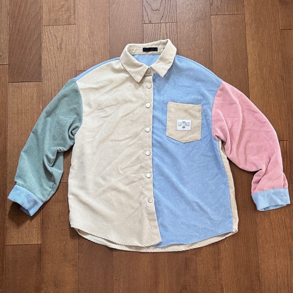 SHEIN Pastel Colorblock Corduroy Button-Down Shirt - Cream, Blue, Green, Pink